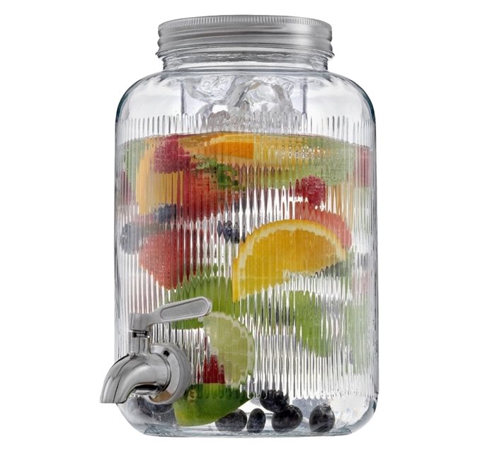 One Gallon Glass Fluted Drink Dispenser with Stainless steel faucet and lid. Thumbnail